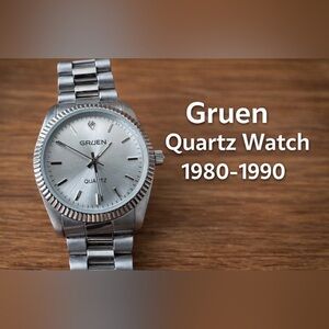 ⌚ Gruen Quartz Watch | 1980s–1990s Classic ✨ Silver Quartz Watch for Men